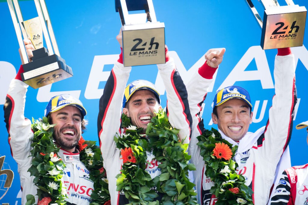 Fernando Alonso (ESP); Sebastien Buemi (SUI); and Kazuki Nakajima (JPN) won the 2018 Le Mans 24 Hours