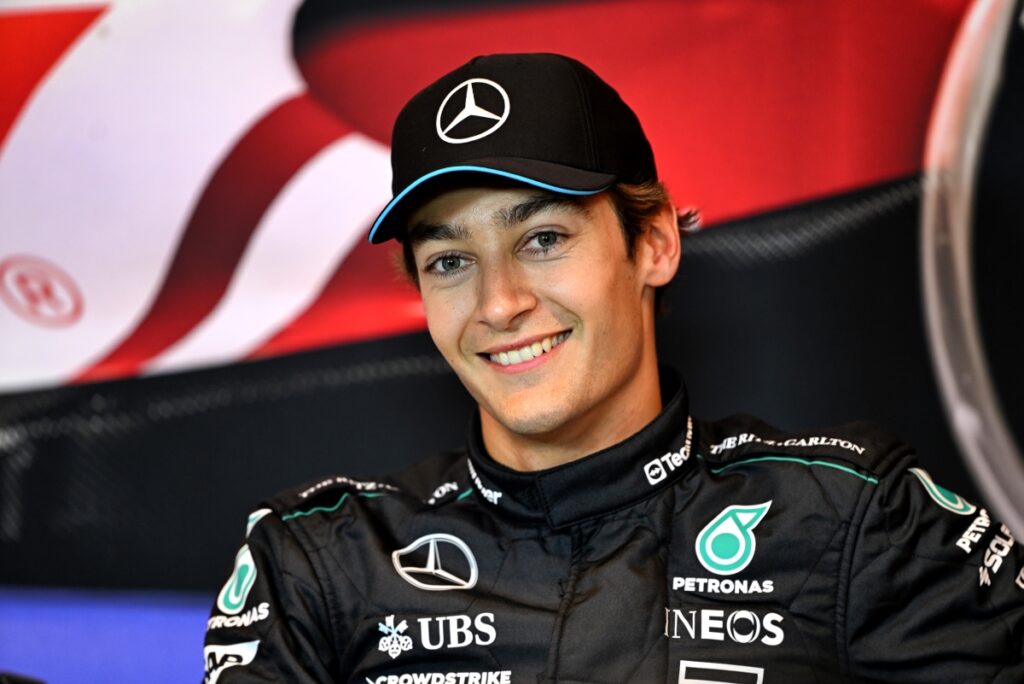 George Russell (GBR) <a href="https://luxurycardeals.com/news/mercedes-f1-low-fuel-high-speed-woes-unveiled">Mercedes AMG</a> F1 in the FIA Press Conference