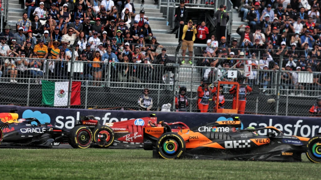 Lando Norris had to escape to the run off after Max Verstappen's move on Lap 10 in Mexico