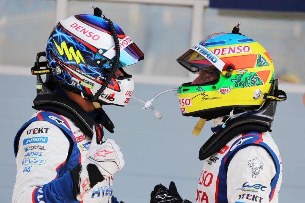 Stephane Sarrazin (left)  and Mike Conway (right) won the 2014 6 Hours of Bahrain with Alexander Wurz in the Toyota TS040 Hybrid