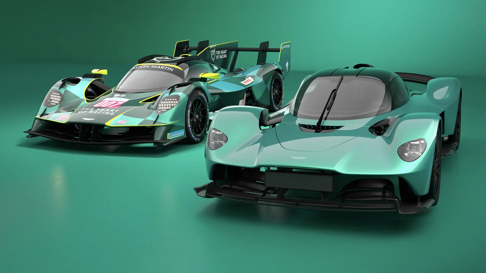 The green #007 and the #009 Aston Martin Valkyries will compete in the FIA World Endurance Championship