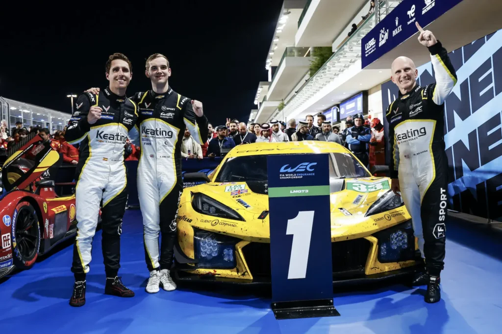 (L to R) Daniel Juncadella, Jonny Edgar and Ben Keating won in the #33 Corvette at the Qatar season-opener