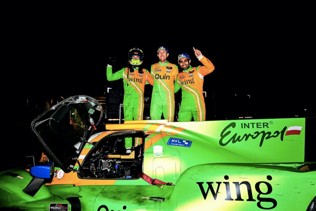 (L to R) Tom Dillmann, Jeremy Clarke, Bijoy Garg won in the LMP2 category at Sebring International Raceway 